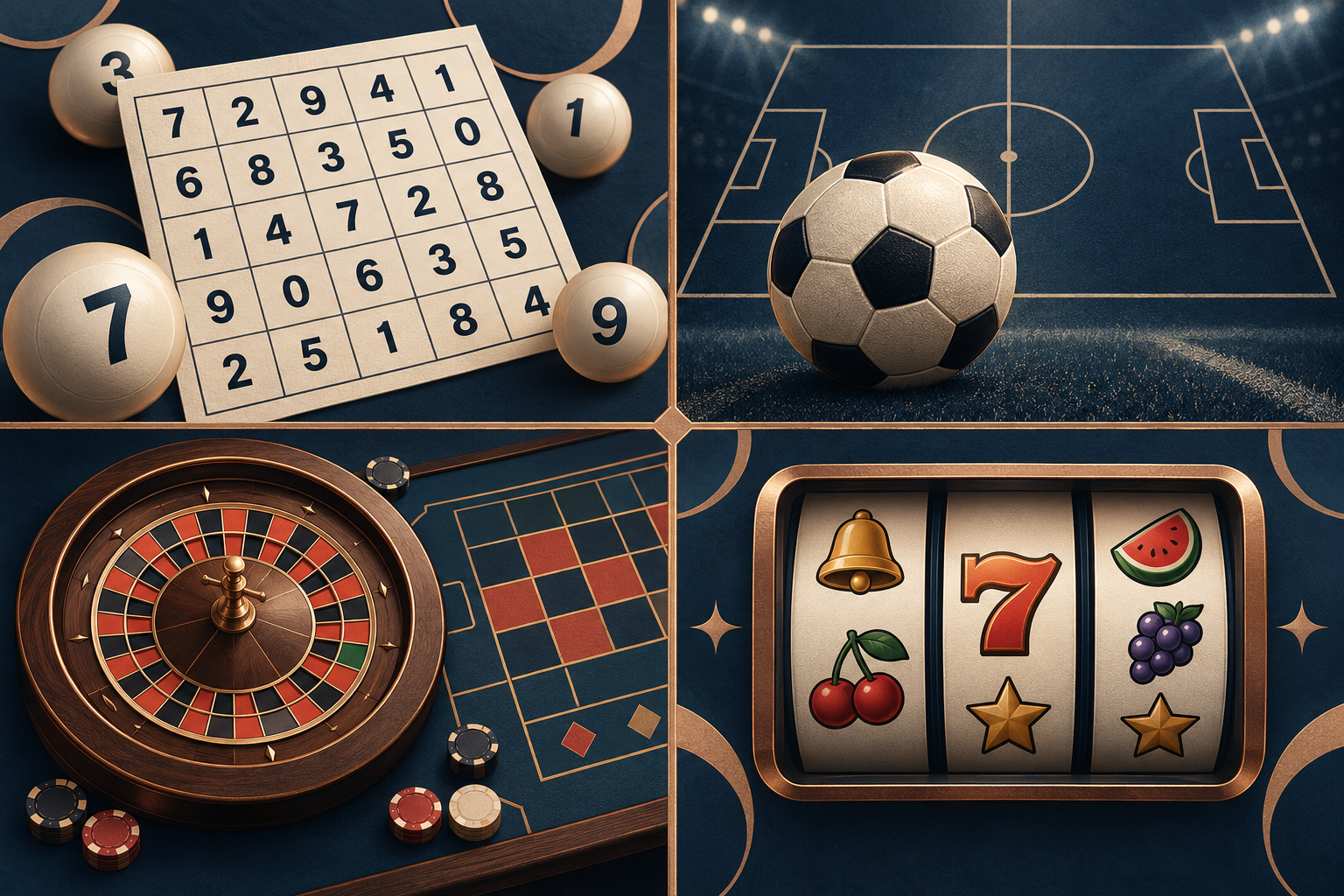 Ilustrasi empat kategori permainan angka, bola, kasino langsung, dan slot