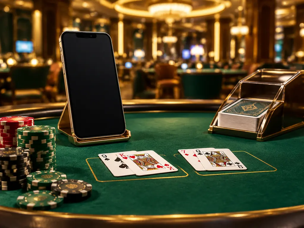 Ponsel di atas meja baccarat dengan kartu dan keping untuk halaman akses seluler OLXTOTO