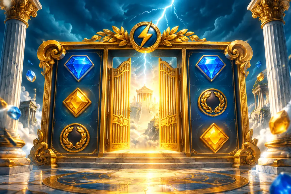Ilustrasi gerbang kuil Yunani dengan permata dan kilat untuk permainan slot Gates of Olympus