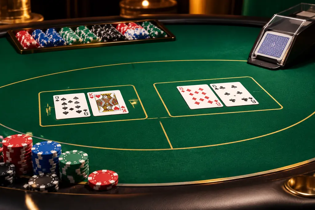 Meja baccarat dari dekat dengan kartu dibagikan dan keping di kotak player dan banker