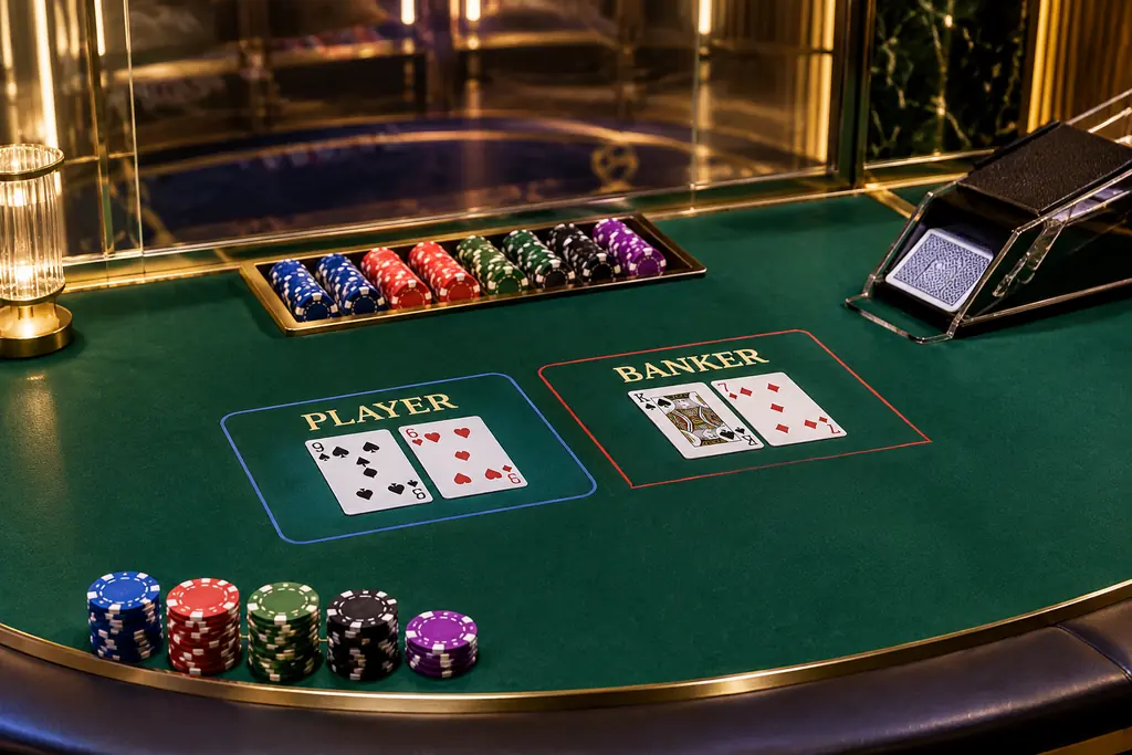 Meja baccarat langsung dengan sepatu kartu, kartu dibagikan, dan keping kasino