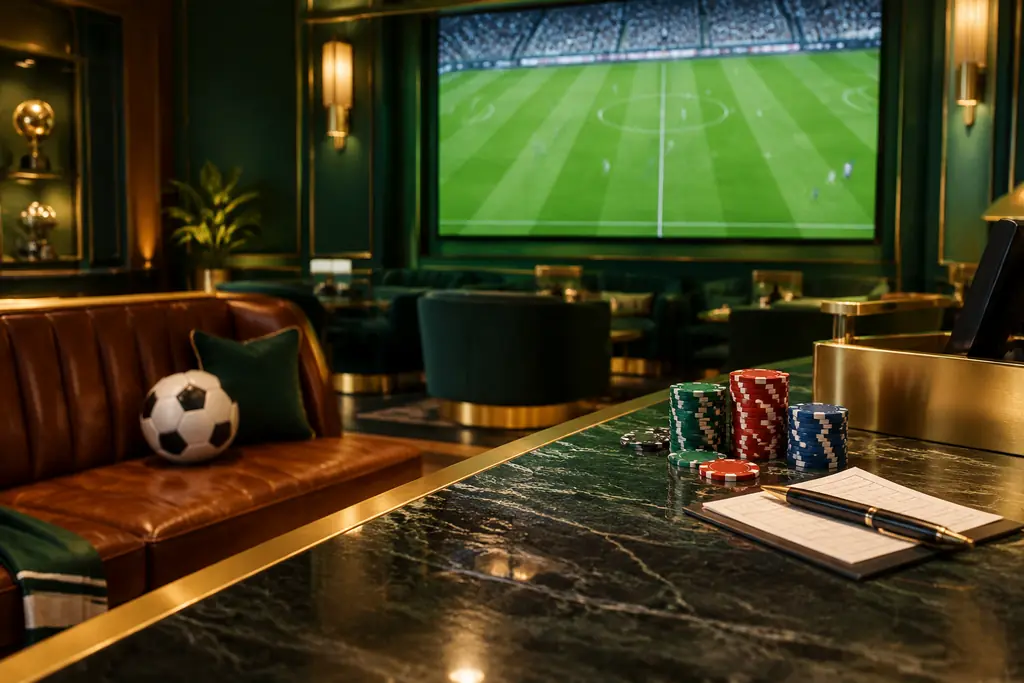 Lounge olahraga kasino dengan layar pertandingan sepak bola, bola, dan keping