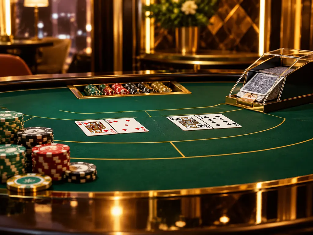 Studio kasino langsung dengan meja baccarat, sepatu kartu, dan keping di bawah lampu sorot