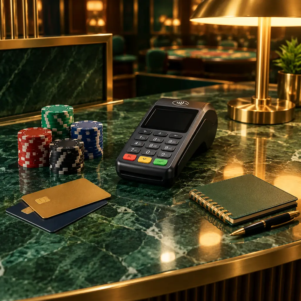 Meja kasir kasino dengan keping, kartu bank, dan mesin pembayaran di meja hijau