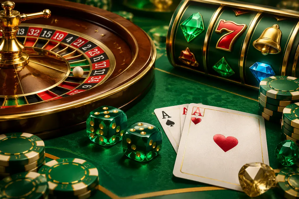 Perlengkapan permainan kasino: roda roulette, dadu, kartu, dan gulungan slot di meja hijau