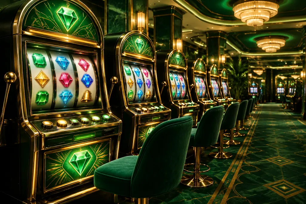 Deretan mesin slot bercahaya di lorong kasino hijau jade
